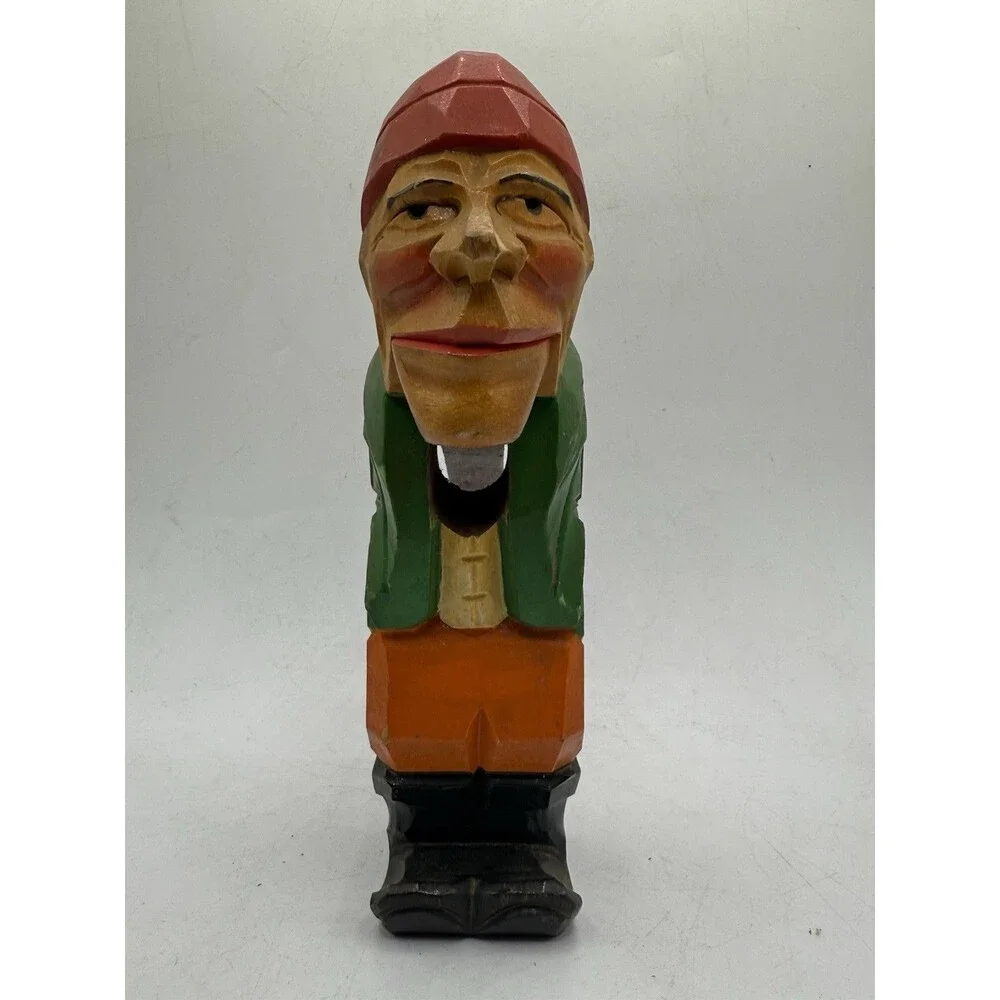 Hand Carved Rustic Red Hat Fisherman Nutcracker Nearly 9